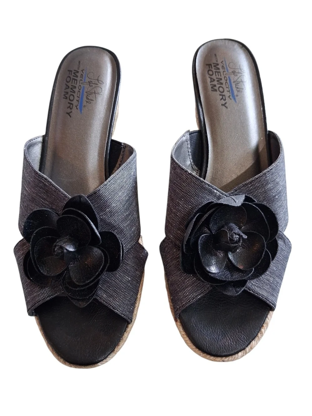 Life Stride Gray & Black Floral Slip-On Wedge Mules